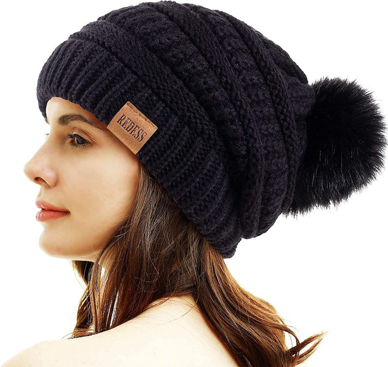 REDESS Women Winter Pom Pom Beanie Hat with Warm Fleece Lined, Black - Image 1